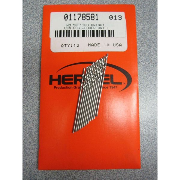(12) #58 Jobber Length Drill Bits .0420" 118Deg Angle HSS Bright