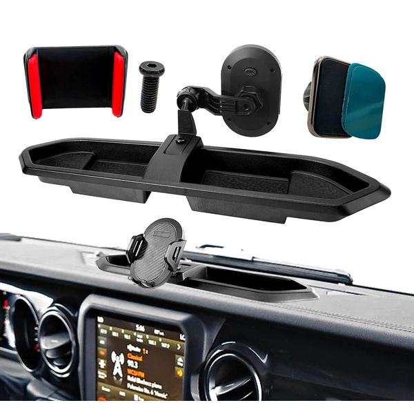 EUEKY Jeep Wrangler JL Phone Mount Compatible with 2018-2023 Jeep Wrangler JL&Gladiator JT Multi-Mount Phone Holder Dash Tray with Extension Arm Metal Rod Accessories(Not fit for 4XE/Oil-Electric)