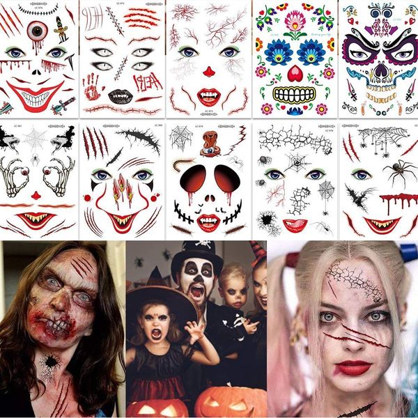 Halloween tatuaggi temporanei, Halloween impermeabili adesivi Tattoo per il travestimento di Cosplay del partito, Viso Art Stickers moda, regalo-2X Tatuaggio Wipe Tool (10 + 2Pack)