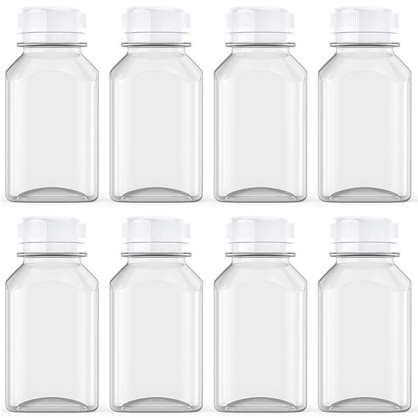 Axe Sickle 8 Pcs 8 Ounce Juice Bottles Plastic Milk Bottles Bulk Beverage Containers with Tamper Evident Caps Lids White for Milk, Juice, Drinks and Other Beverage Containers