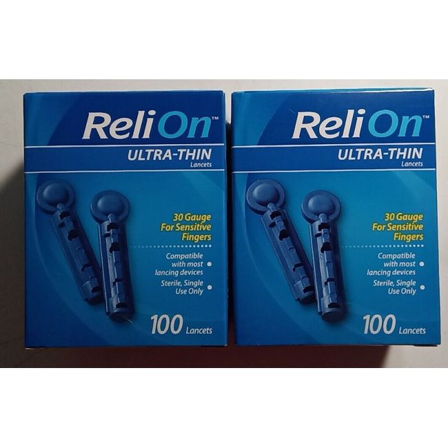 Pack Of 2 ReliOn Ultra Thin 30 Guage Lancets For Sensitive Fingers 100 Ct New