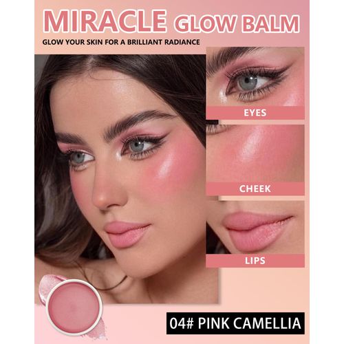 Miracle Glow Balm - Hydrating Tinted Cream Blush, Multi-Use Glow Face Balm Makeup for Cheek & Eye & Lip Tint, Creamy Lightweight Blendable Shimmer Blusher, Radiant Skin Finish, 04# Pink Camellia