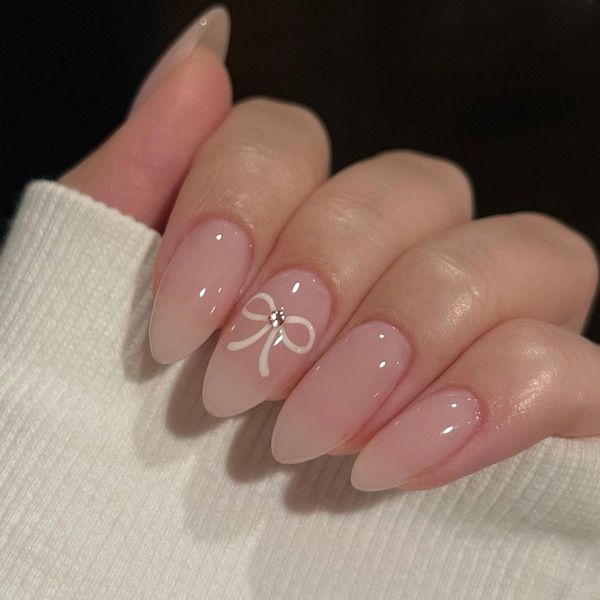 24pcs Short Almond False Nails Nude Pink Stick on Nails White Bow Rhinestone Press on Nails Removable Glue-on Nails Full Cover Fake Nails Valentines Day Women Brides Nail Art Accessories