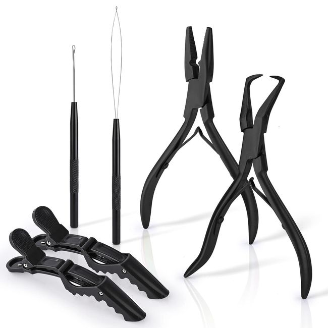 EHDIS Haarverlängerungs Kit, mit 2 Zangen für befestigen und entfernen Microring Extensions, 1 Zughakens, 1 Schlaufeneinfädlers, 2 Haarspangen, Microring Haarverlängerung Set, Schwarz