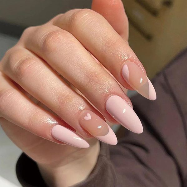 False Nails Amlond - 24Pcs Heart Pink Fake Nails - French Press on Nails Pattern - French Glossy Nail Tips with Jelly Glue - Oval Stick on Nails for Women