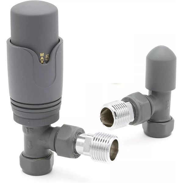 Team Controls Anthracite Grey Angled TRV Thermostatic Radiator Valve & Lockshield 15mm Pack Set Pair