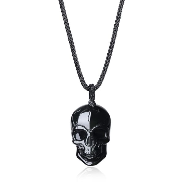 COAI Adjustable Nylon Cord Skull Obsidian Black Stone Necklace
