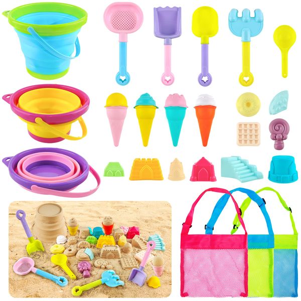 Beach Toys 29 PCS Ice Cream Sand Toys with Collapsible Beach Bucket and Shovels, Sand Castle Building Kit, Sand Molds, Mesh Beach Bag, Travel Beach Sand Toys Sandbox Toys for Kids Toddlers