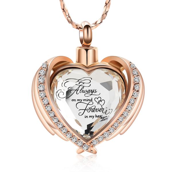 Imrsanl Cremation Jewelry Angel Wing Heart Urn Pendant Necklaces for Women Crystals Urns for Human Ashes Memorial Locket Keepsake Ashes Jewelry (Rose Gold-White)