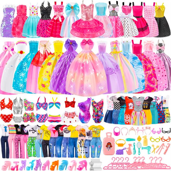 Doll Clothes and Accessories with Evening Dresses,Slip Dresses,Casual Dresses,Bikini Swimsuits,Glasses,Shoes,Hangers,Doll Dress up Toys,Kids Toddlers Toy Gifts for Girls Aged 3-8