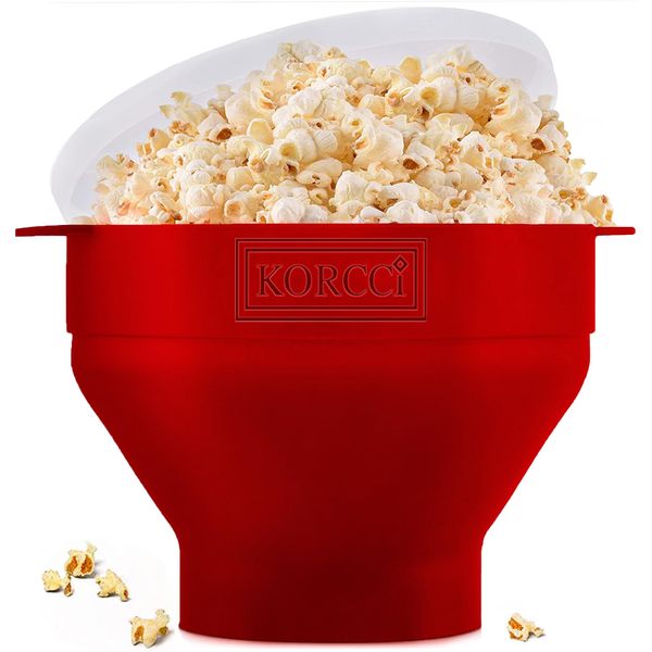 The Original Korcci Microwaveable Silicone Popcorn Popper, BPA Free Microwave Popcorn Popper, Collapsible Microwave Popcorn Maker Bowl, Use In Microwave, Dishwasher Safe (Cherry Red)