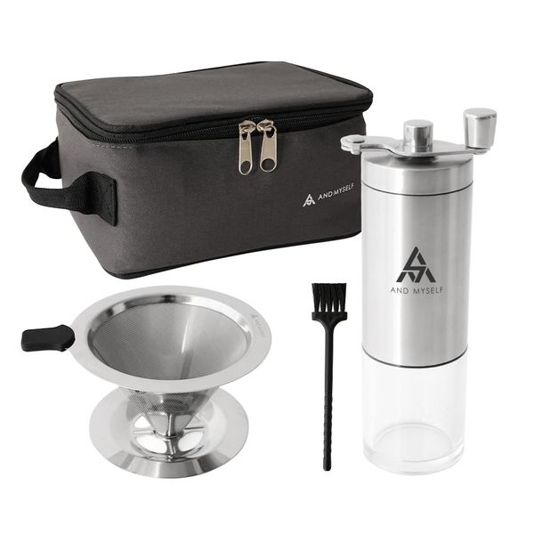 AND MYSELF Coffee Grinder Manual with Stainless Steel Mesh Coffee Filter Included, No Paper Filter Required, Hand Grind, Storage Bag Included, Beginner, Stepless Adjustment (Mill + Filter + Case))