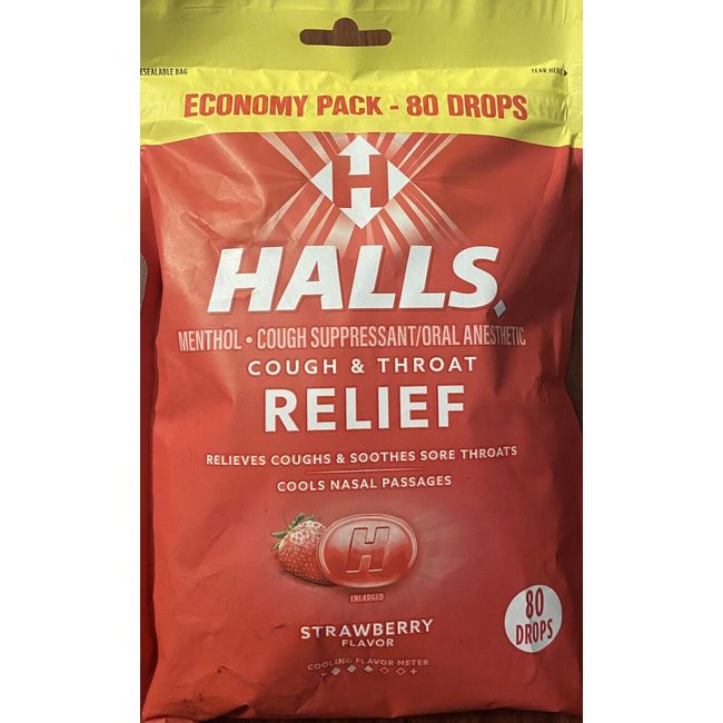 Halls ECONOMY PACK Strawberry Cough & Throat Relief 80 Cough Drops - NEW