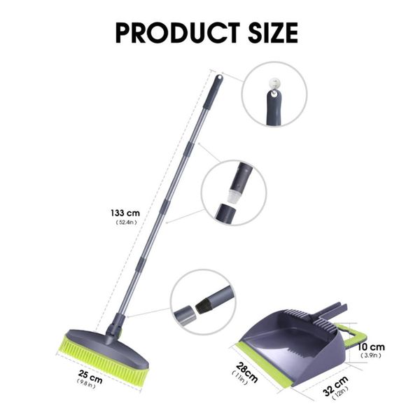 Adjustable Rubber Push Broom and Dustpan Set,Self Cleaning Indoor Outdoor Angle Brooms with Dust pan for Home,Long Handle Brooms for Floor Sweeping, Kids,Carpet Dog Cat Pets Household Brooms