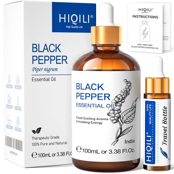 HIQILI Black Pepper Essential Oil, Pure Natural Black Pepper Oil for Aromatherapy, Diffuser - 3.38 Fl Oz