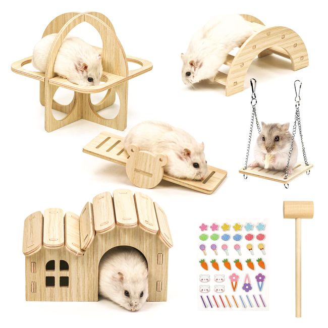 5 Stück Hamster Spielzeug aus Holz, Hamster Versteck Haus DIY Brücke Wippe Schaukel und Trainingspielzeug Käfig Dekor Zubehör Hamster Spielplatz für Rennmäuse Ratten und Zwerghamster