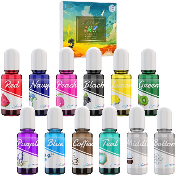 Alcohol Ink Set - 12 Vibrant Colours Alcohol Based Ink for Epoxy Resin Art, Resin Petri Dish Making - Concentrated Alcohol Paint Colour Dye for Resin Painting, Tumbler, Coaster Making, Yupo - 10ml