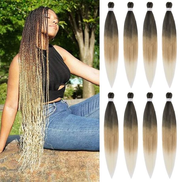 Pre Stretched Braiding Hair Ombre Brown Blonde 36 Inch 8 Packs Long Braids Itch Free Hot Water Setting Synthetic Fiber Yaki Texture Crochet Braiding Hair Extensions for Women