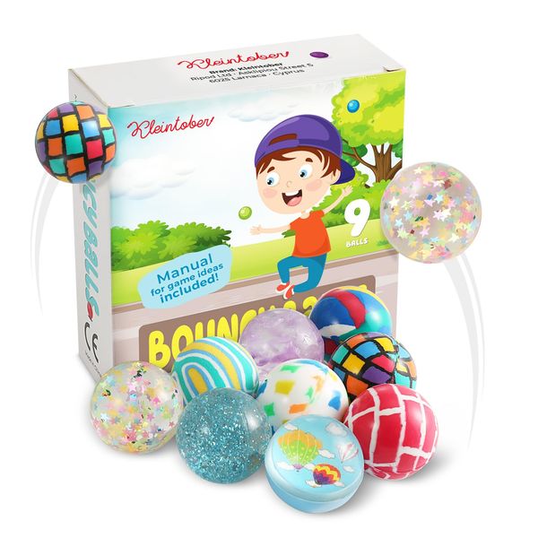 Kleintober Premium Bouncy Ball Set I with Game Ideas I 9 Medium Sized 1.37inch Bouncy Balls I Children's Birthday Party I Jump Ball I Bouncy Balls I Kids Party Favors