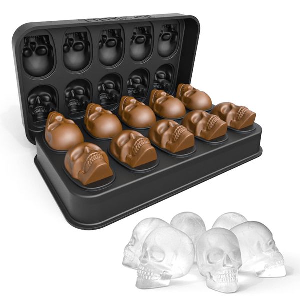 Spespo 3D Skull Ice Cube Tray with Lid,BPA Free Silicone Ice Cube Moulds Makes 10 Skulls,for Whiskey, Cocktail and Party Drinks Black