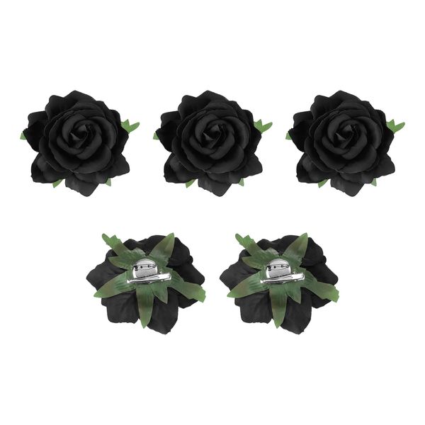 sourcing map 5 Pcs Rose Flower Hair Clips 4 Inch Flower Hair Pins Flower Brooch for Women Hair Accessories Black