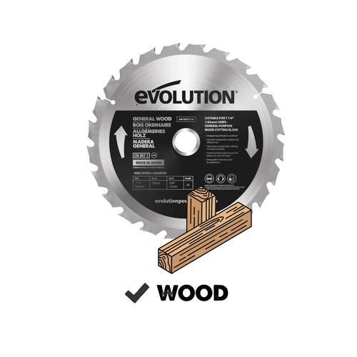 Evolution Power Tools GW185TCT-24 General Wood Carbide Tipped TCT Blade, For Table Saws and Mitre Saws, 185 mm