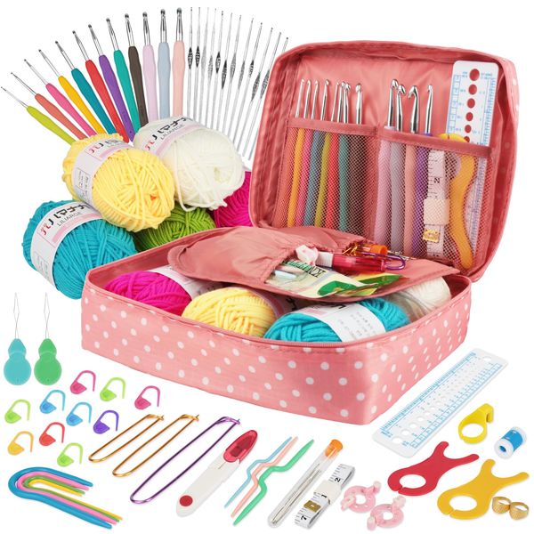 Crochet Hooks Set for Beginners Adults Crochet Kits Knitting Kit Ergonomic Metal Crochet Hooks 0.6mm-8mm Knitting Accessories Tools Crochet Wool Yarn Storage Case Needles Crochet Starter Kit-Pink