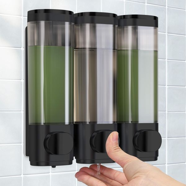 Seifenspender Wandbefestigung, Shampoo Duschgel Spender, 3er Set Seifenspender Ohne Bohren, Gleichmäßige Flüssigkeitsabgabe, AuslaufsicherGeeignet für Shampoo,Duschgel,Flüssigseife,Spülung. (Black)