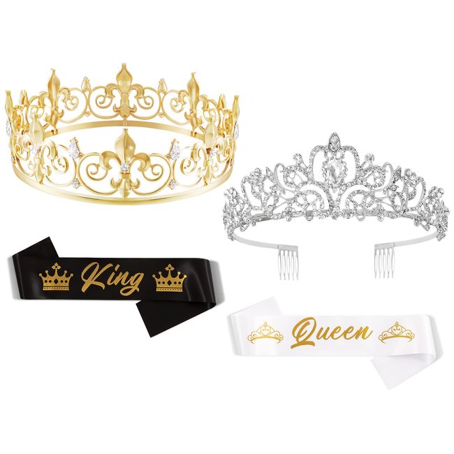 GreatMH 2Pack Prom King and Queen Crowns for Men Women Kings Crown Metal Crystal Tiara Crown for Women Men Bridegroom Bride Princess for Birthday Wedding Halloween (Gold&Silver)