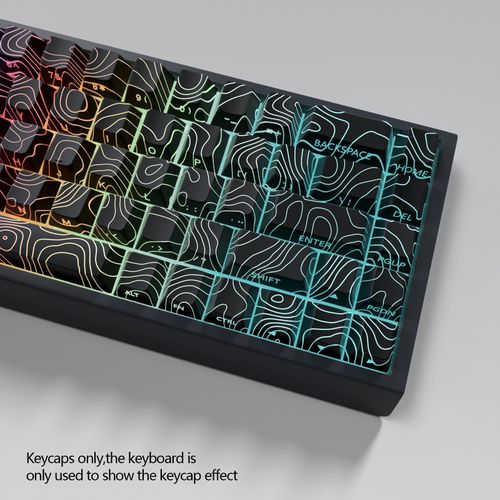 JSJT Black Keycaps - Topographic Pattern Shine Through Keycap Set,74 Keys Side Printed Translucent Keycap Suitable for Cherry MX Switch Mechanical Keyboard 60/61/65/67/68 Layout (Key Caps Only)