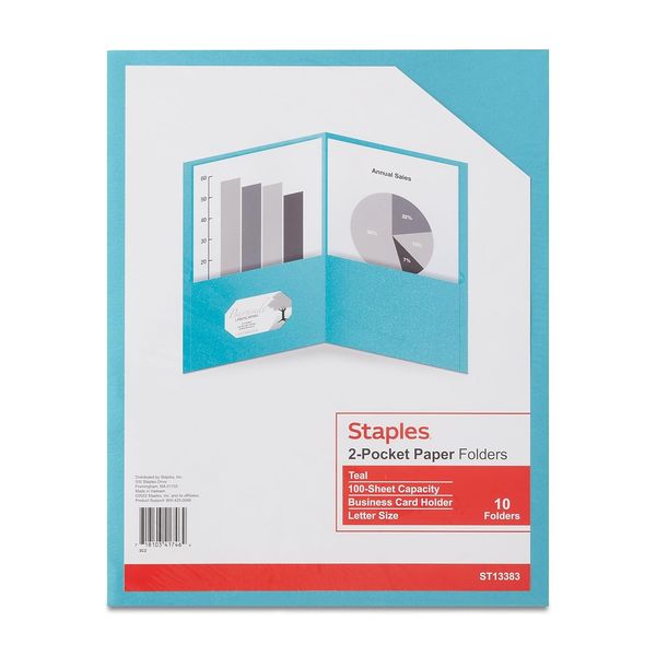 Staples 10% Recycled Smooth 2-Pocket Paper Presentation Folder, Teal, 10/Pack (13383-US)