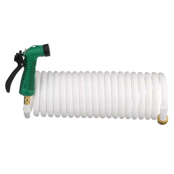 Seachoice 79691 Coiled Washdown Hose with Sprayer and Brass Fittings 25’ White