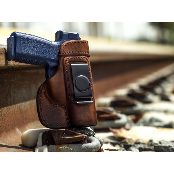 OUTBAGS USA LS2CW45 (Brown-Right) Full Grain Heavy Leather IWB Conceal Carry Gun Holster for Kahr CW45 .45ACP. Handcrafted in USA.