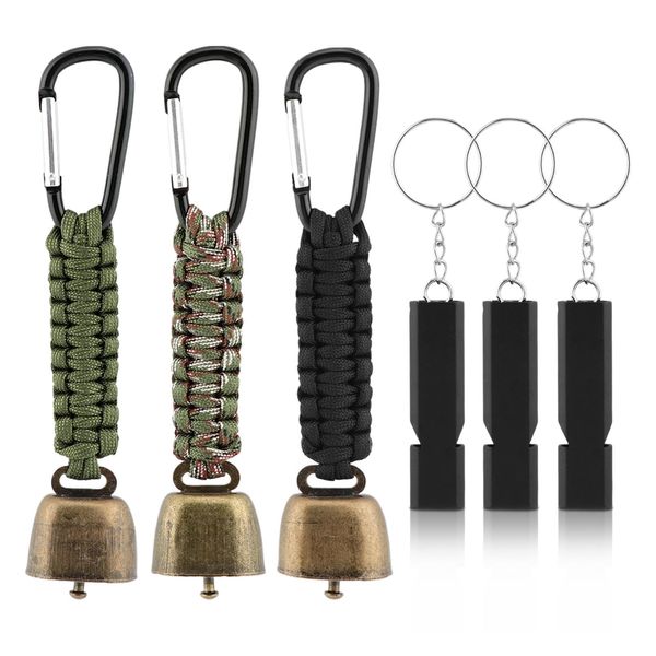 Ranjaner 3pcs Bear Bell with 3pcs Whistle Aluminum Bear Bells for Hiking and Emergency Whistle for Hiking, Biking, Fishing, Climbing, Outdoor Camping and Hiking Protection(Size:6 PCS)