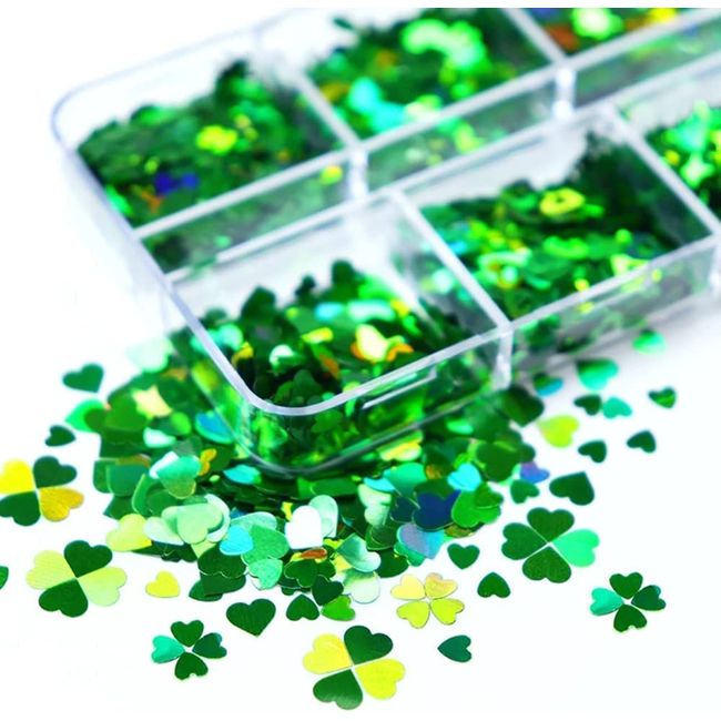 Green St. Patrick's Day Nail Art Glitter Sequins 3D Holographic Four Leaves Nail Confetti Shamrock Shape Nail Decals Flakes Laser St. Patrick's Day Glitter Nail Supplies for Acrylic Nails Decoration