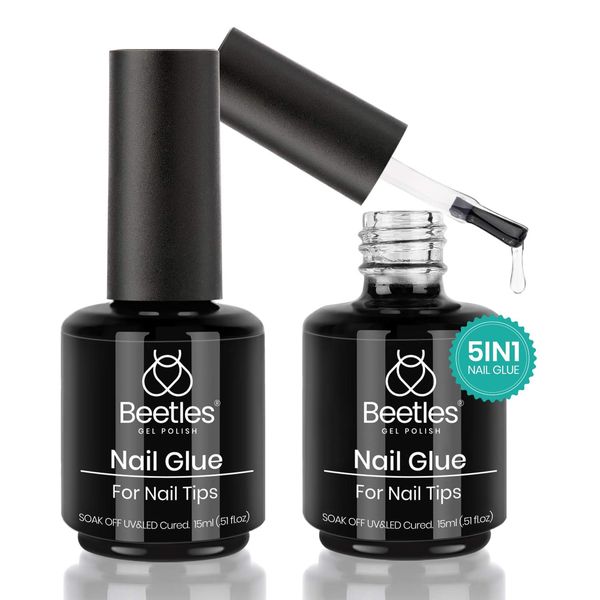 Beetles Gel Polish 2 in 1 Nail Glue and Base Gel Kit for Acrylic Nails, 2PCS 15ML Super Strong Brush On Nail Glue Gel for False Nails and Gel Nail Polish, UV/LED Lamp Required (A-UV Nail Glue)