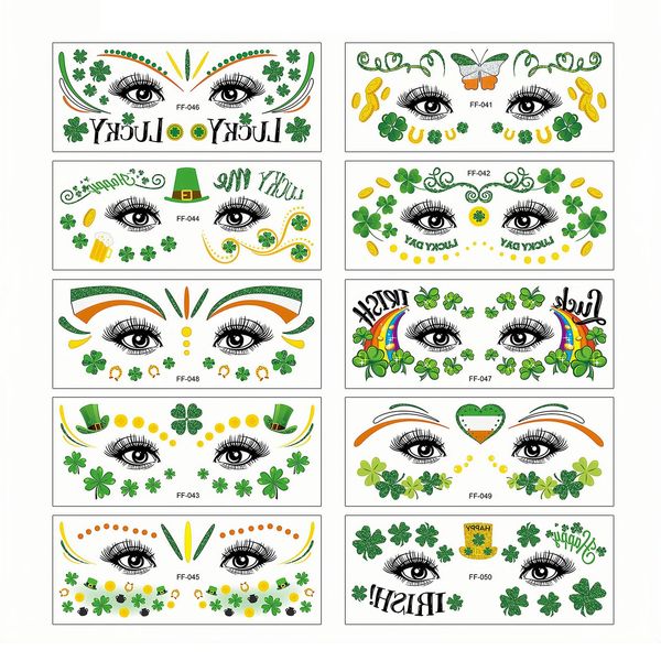 HIFANMM St Patrick's Day Face Tattoo Stickers Adult Kids, Green Shamrock Temporary Tattoo Green Clover Hat Heart Butterfly Fake Tattoos for Women Irish Parade and Party Eye Makeup Face Decor 10 Sheets