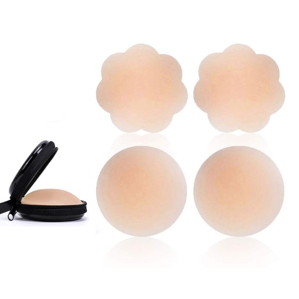 (Hamist) Silicone Pad - Nipple Seal for Women, Silicone Bra, Repeated Use, Made of Washable Silicone, Set of 2 (round + flower shape) + case included