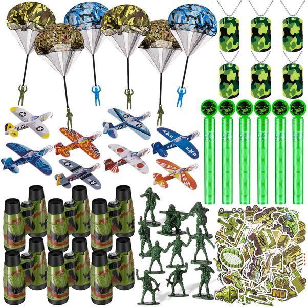 ShinyRelief 102 Pcs Army Camo Party Favors Camouflage Parachute Telescopes Camo Necklaces Soldiers Figures Bubble Wands Glider Planes Camo Party Supplies for Camouflage Military Birthday Gift Bag