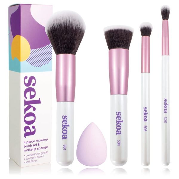 Makeup Brush Set & Beauty Makeup Sponge, Complete Set of Essential Makeup Brushes,Foundation, Concealer, Eye Blending, & Foundation Blending Sponge, White,Pink