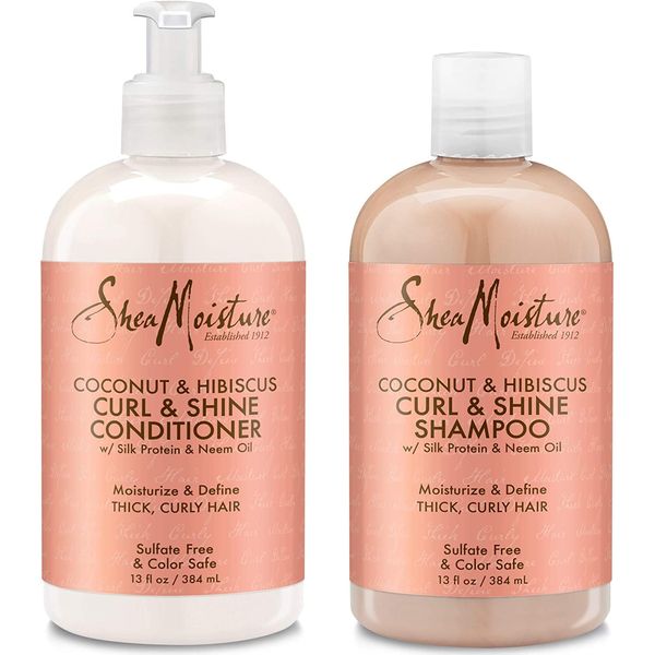 Shea Moisture Shampoo and Conditioner Set, Coconut & Hibiscus Curl & Shine, Curly Hair Products with Coconut Oil, Vitamin E & Neem Oil Provides Frizz Control, 13 Fl Oz Each