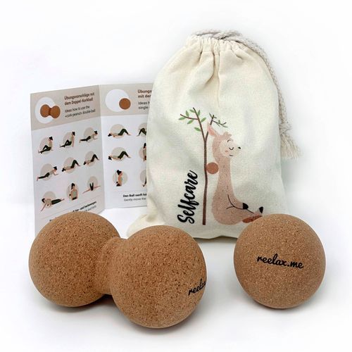 Reelax.me Set of 2 Fascia Ball and Duoball 8 cm, Antibacterial Cork, Massage Ball for Hands, Feet, Back, Gift Idea for Girlfriend for Birthday with Cotton Bag and Instructions (English language not