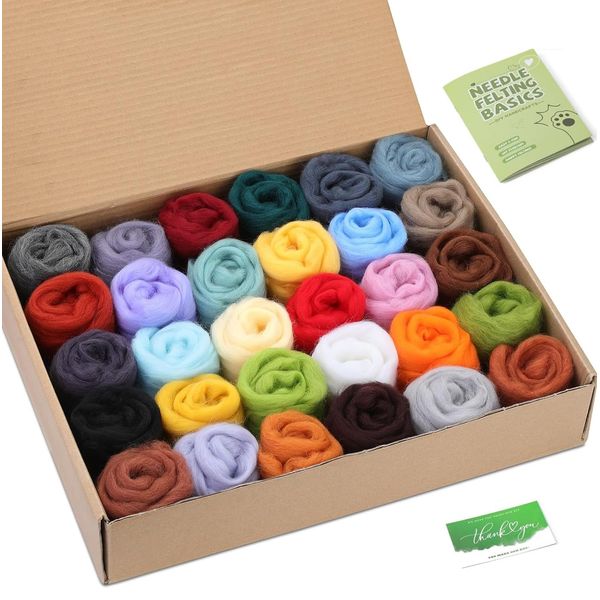 luokefe 30 Colors Felting Wool, Wool Roving for Felting, Needle Felting Wool Needle Felting Starter Kit for Beginners with Instructions, Thanks Card for Felting DIY Hand Crafts