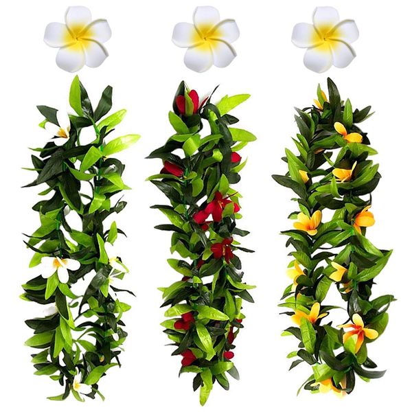 ZCMG 6 Pcs Hawaiian Leis Plumeria Hair Clips Luau Tropical Leaf Necklace Flower Barrettes Headpiece Women Garland Hair Pins Hairpins Hairclips Summer Beach Wedding Birthday Party Decorations Supplies