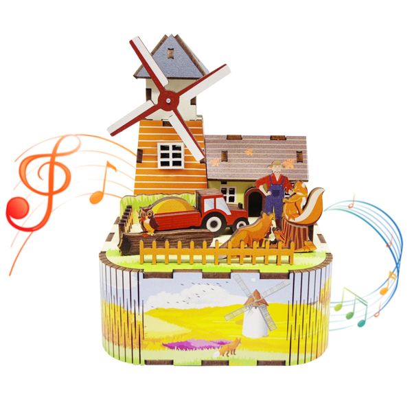 Mievayo 3D Puzzles Wooden Music Box Pastoral Windmill DIY Music Box kit Birthday Gift for Boys and Girls