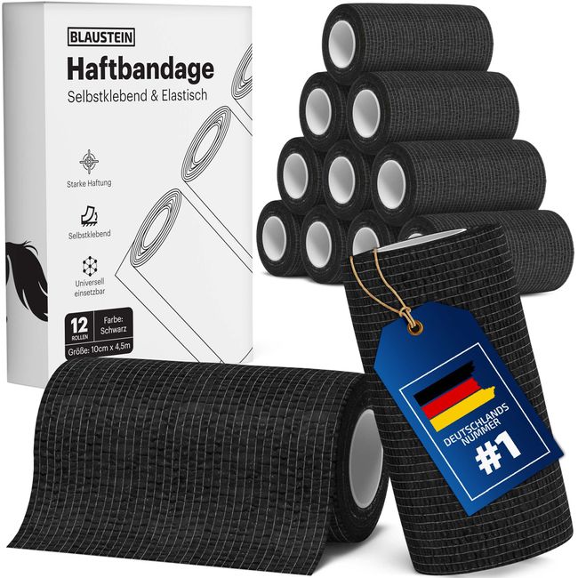 Blaustein® Selbstklebender Verband - 12x Bandage (10cmx4,5m) - Verbandsmaterial für Pferde, Hunde & Menschen - Selbsthaftende & elastische Bandage - Haftbandage selbstklebend in Schwarz