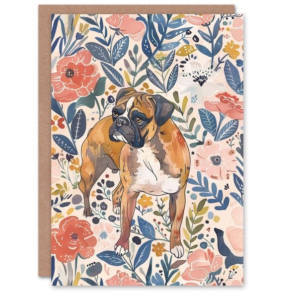 Pet Boxer in Pink Blue Floral Pattern Dog Lover Birthday Card