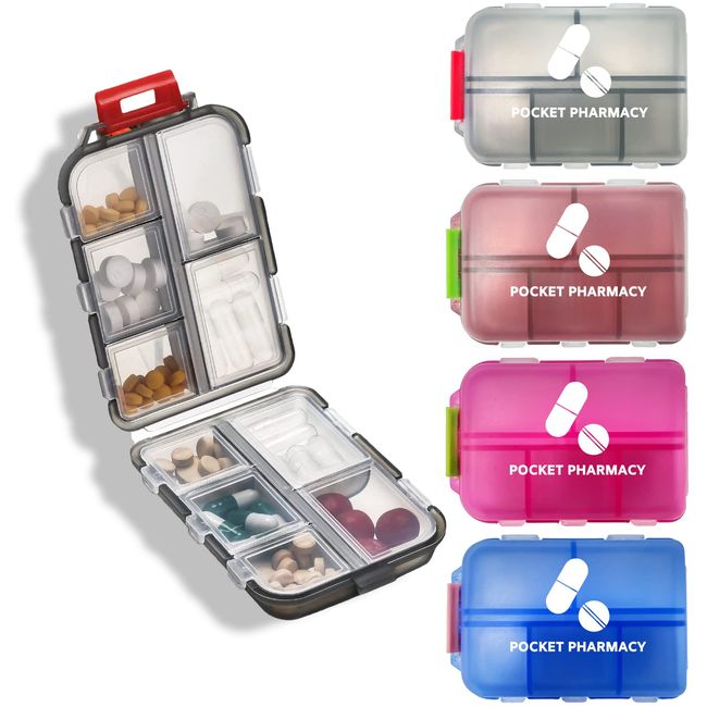 Pocket Pharmacy 4pcs Pill Case, Compact Travel Pill Organizer with 10 Small Compartments for Different Medicines,Purse Pill Box for Storage Vitamin Fish Oil Medicine (4pcs)