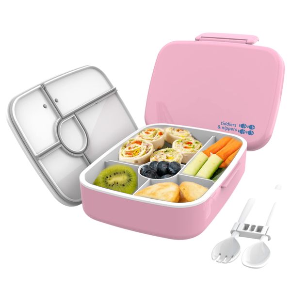 tiddlers & nippers 5 Compartment Lunch/Bento Box for Kids & Adults! | Includes Reusable Cutlery - Fork & Spoon | Leak-Proof & BPA-Free | Microwave, Freezer & Dishwasher Safe (Plain Pink)