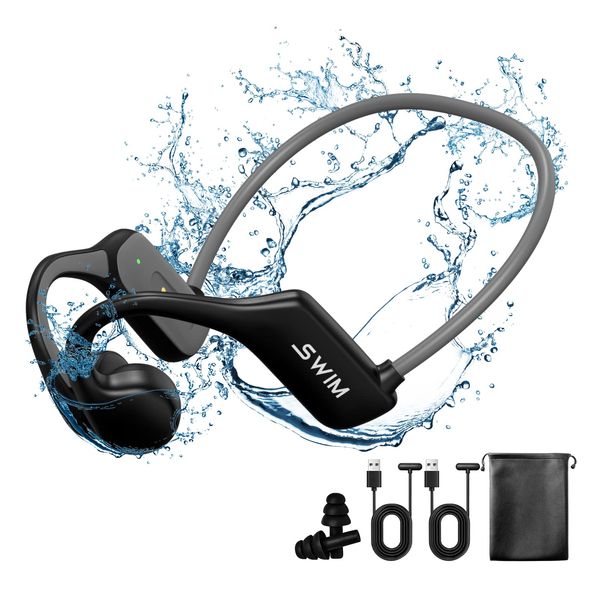 Bone Conduction Headphones, Open Ear Sport Earphones with Microphone, IP68 Waterproof Bluetooth Wireless Headset with 32GB Memory for Swimming, Running Workout, Driving Headphones